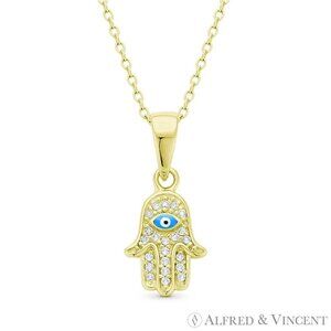 Hamsa Hand of Fatima Evil Eye Charm .925 Sterling Silver 14k Gold-Plated Pendant